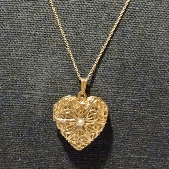 14k over sterling seed pearl locket necklace - Picture 1 of 16